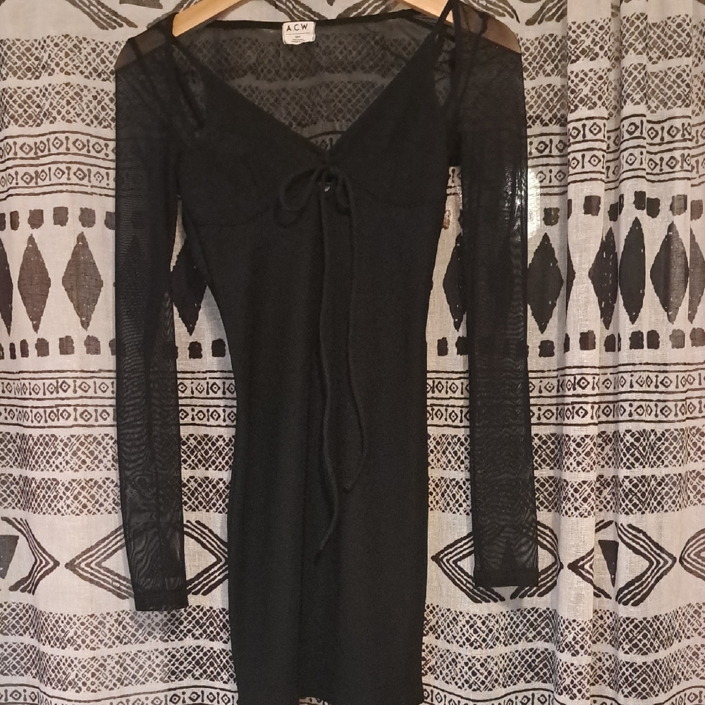 ACW Black Long Sleeve Sheer Midi Dress with Tie Front. Whimsigoth. Goth.